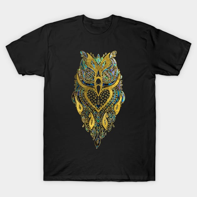 Gold and Abalone Tribal Owl T-Shirt by Nartissima